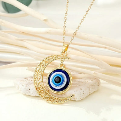 Evil Eye Crescent Moon Gold Pendant Necklace