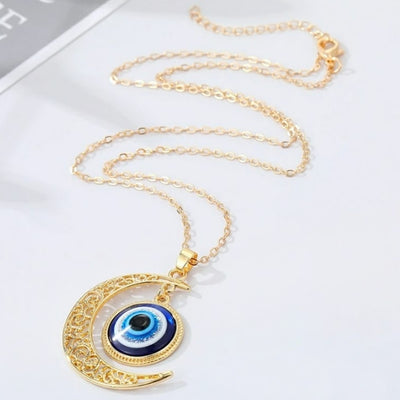 Evil Eye Crescent Moon Gold Pendant Necklace