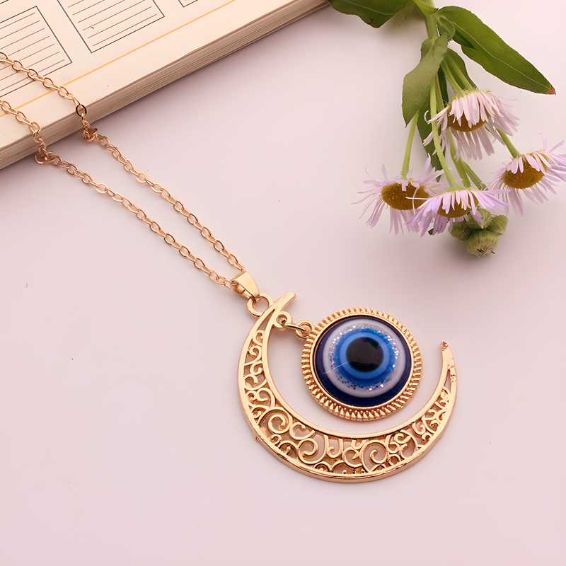 Evil Eye Crescent Moon Gold Pendant Necklace