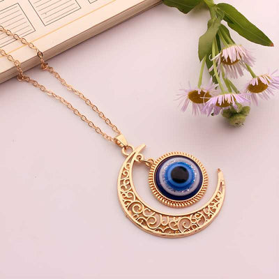 Evil Eye Crescent Moon Gold Pendant Necklace