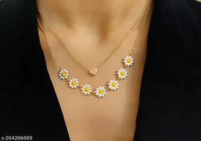 Beautiful Golden Daisy Heart Two-Layered Necklace For Women & Girls